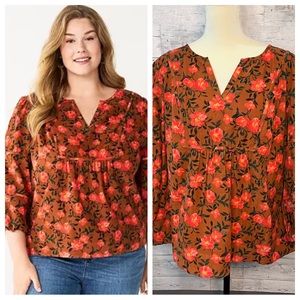 Sonoma Plus Size Floral Peasant Top balloon Sleeves Brown Size 2X
